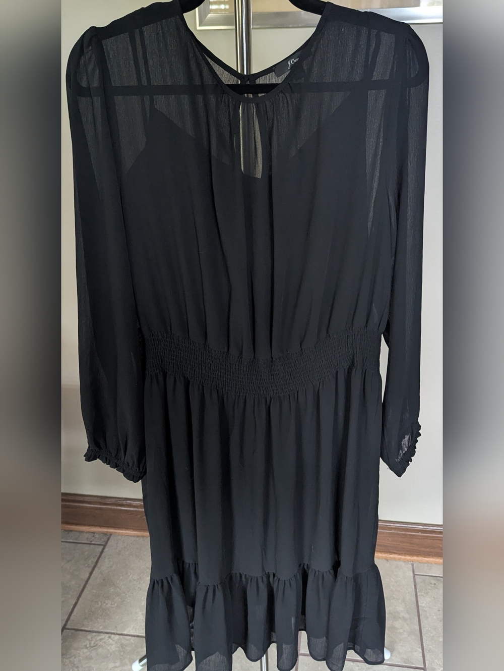 J. Crew Black Sheer-Yoke Smocked-Waist Midi Dress With Slip Plus Size 2x $50